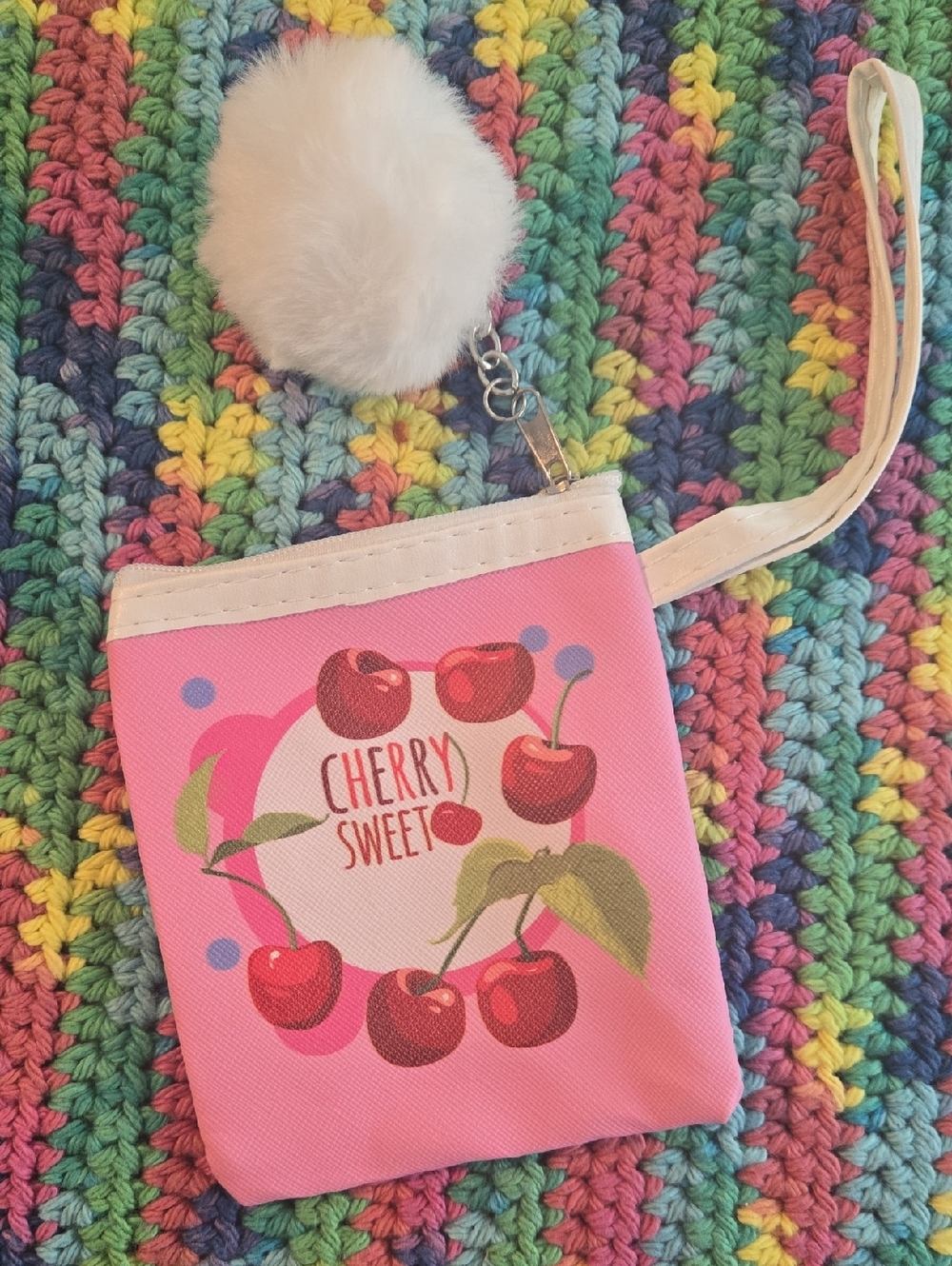 New Super Cute Pink Cherry Sweet Zip Pouch With Puffball